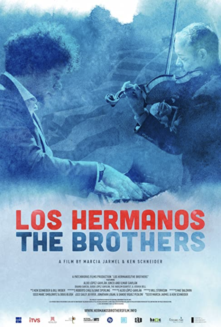 Film poster for Los Hermanos with one man playing the violin, and the other playing a piano